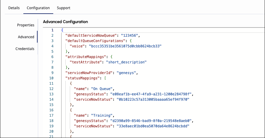 This image is a screenshot of the Advanced settings in the Configuration tab of the ServiceNow integration.