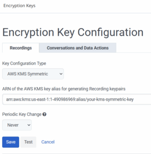 Captura de pantalla que muestra la configuración de la clave de cifrado para AWS KMS