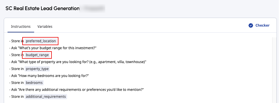 La pestaña Instrucciones de una guía en AI Studio con variables