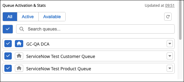 This image is a screenshot of the queue activation component in the ServiceNow workspace.