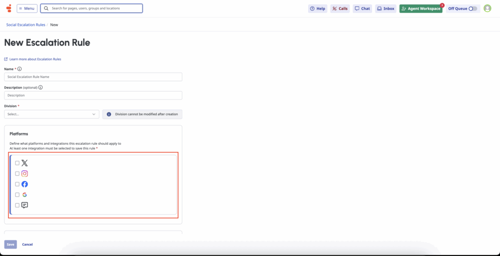 After Selection of platform+integration