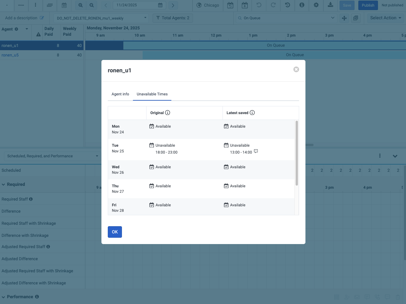 Displays the Unavailable Times tab in the Agent Details dialog box.