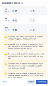 Displays the warning messages when unavailable times are submitted.
